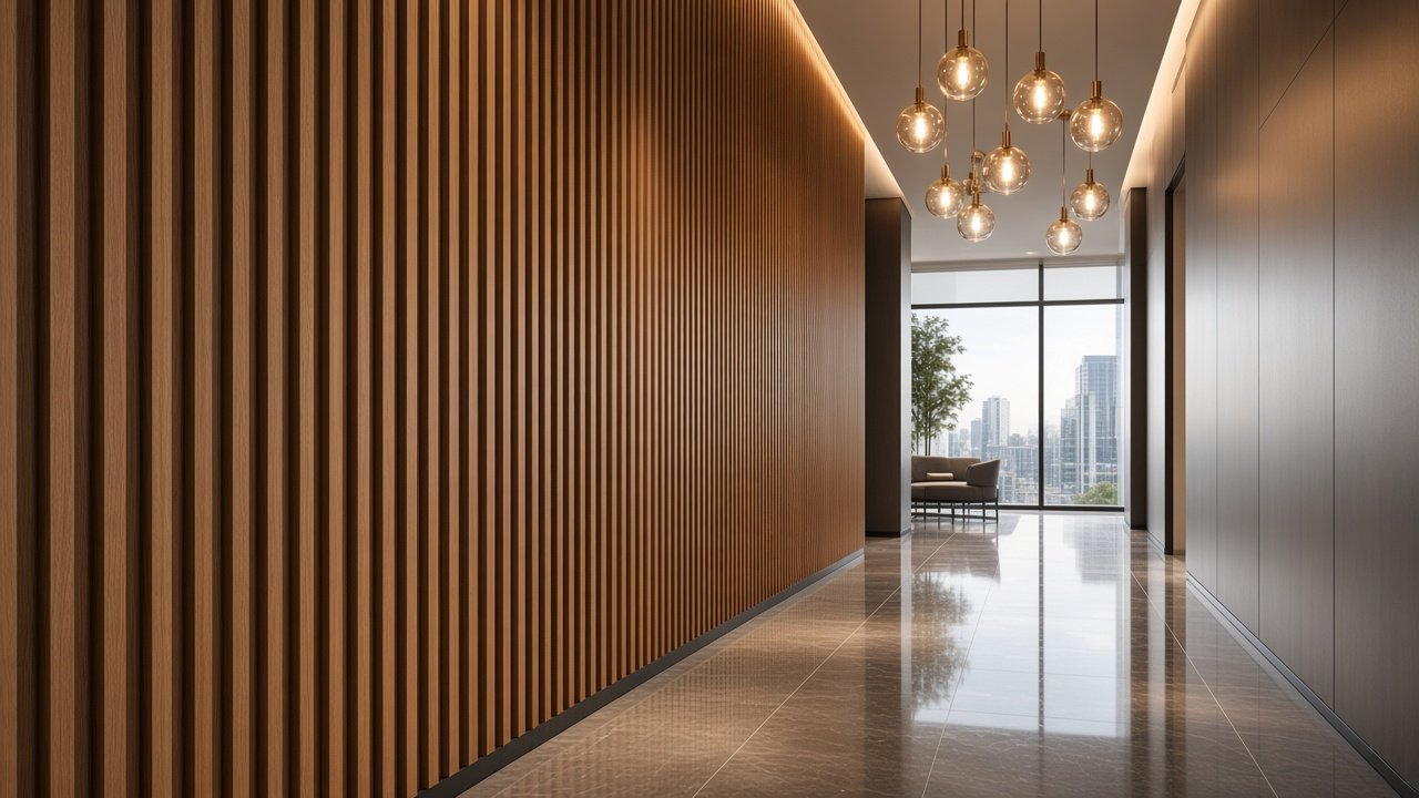 Interior corridor finished with wood and grey ACP panels