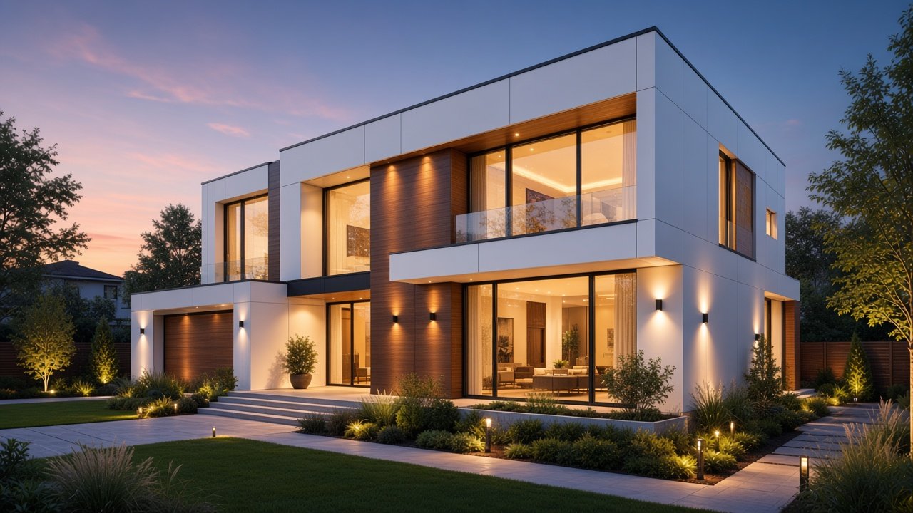 Modern house facade clad in aluminium composite panels
