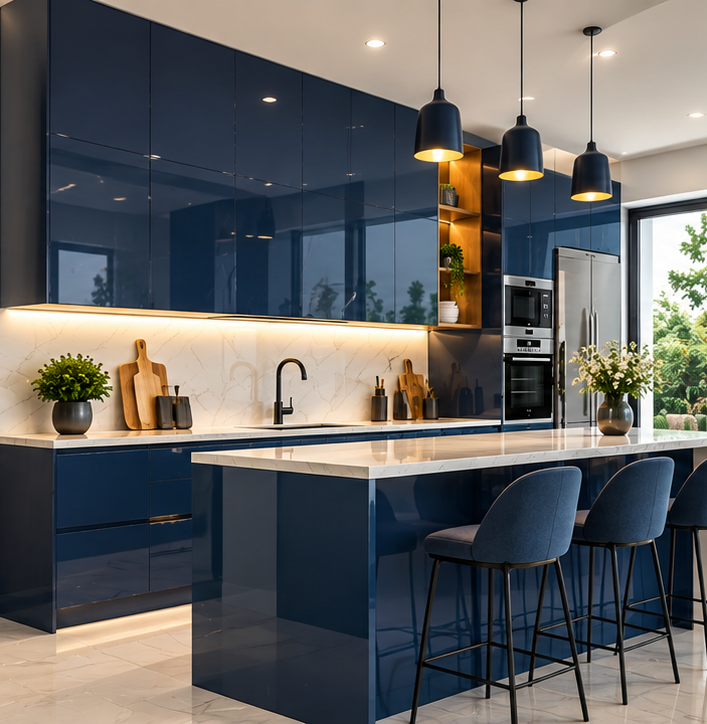 Acrylic laminate kitchen with wood and high-gloss shutters