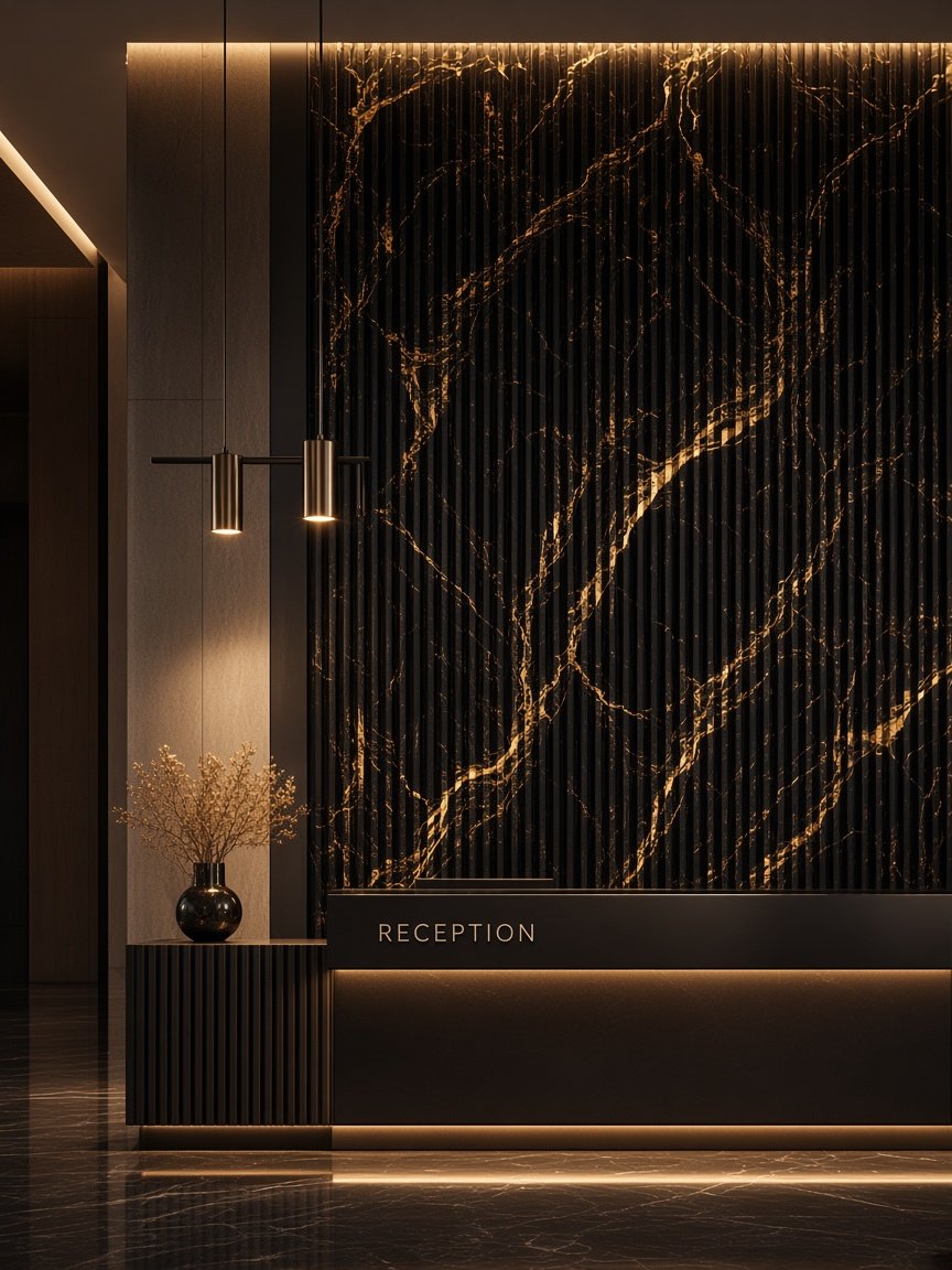 Crysla black and gold louver reception wall