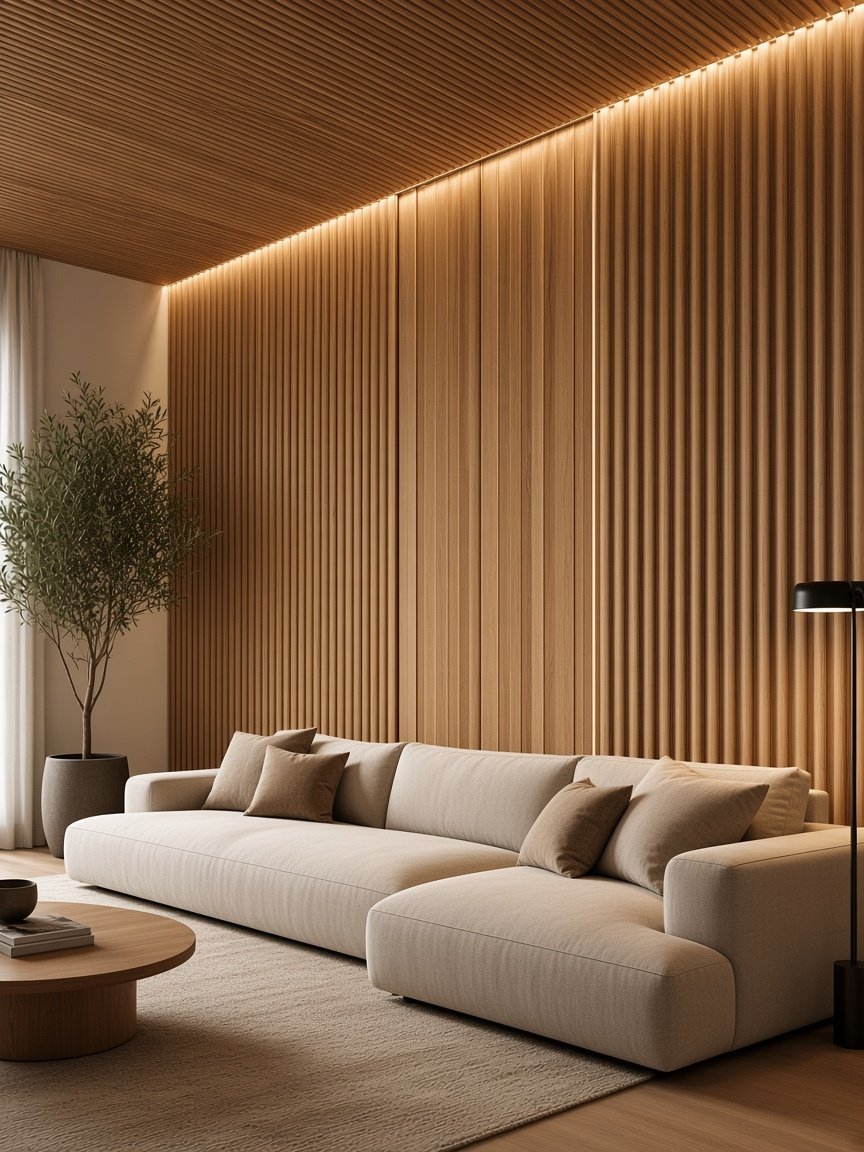Soulwood WPC louvers wrapping a living room wall and ceiling