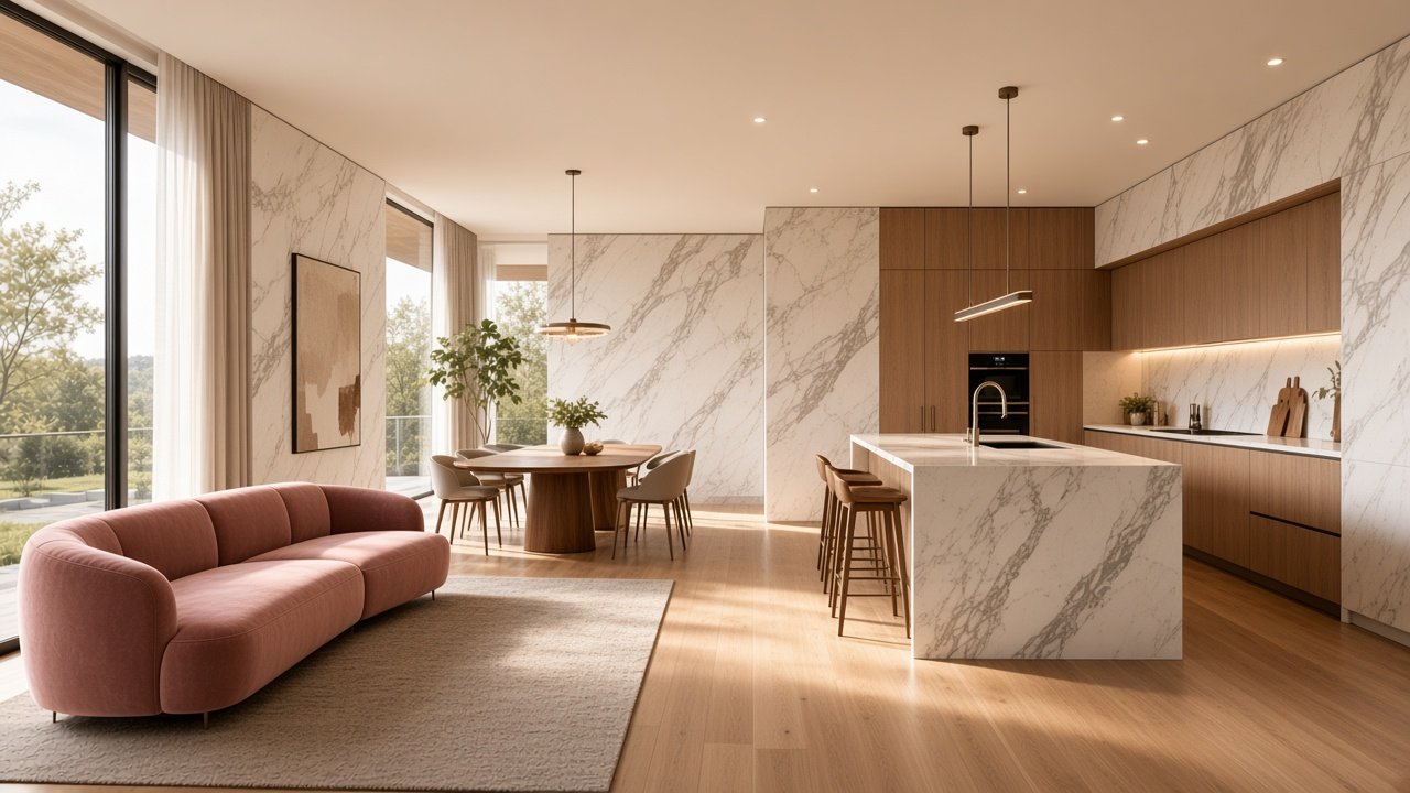 Living and kitchen interior specified with Reolaxe mica