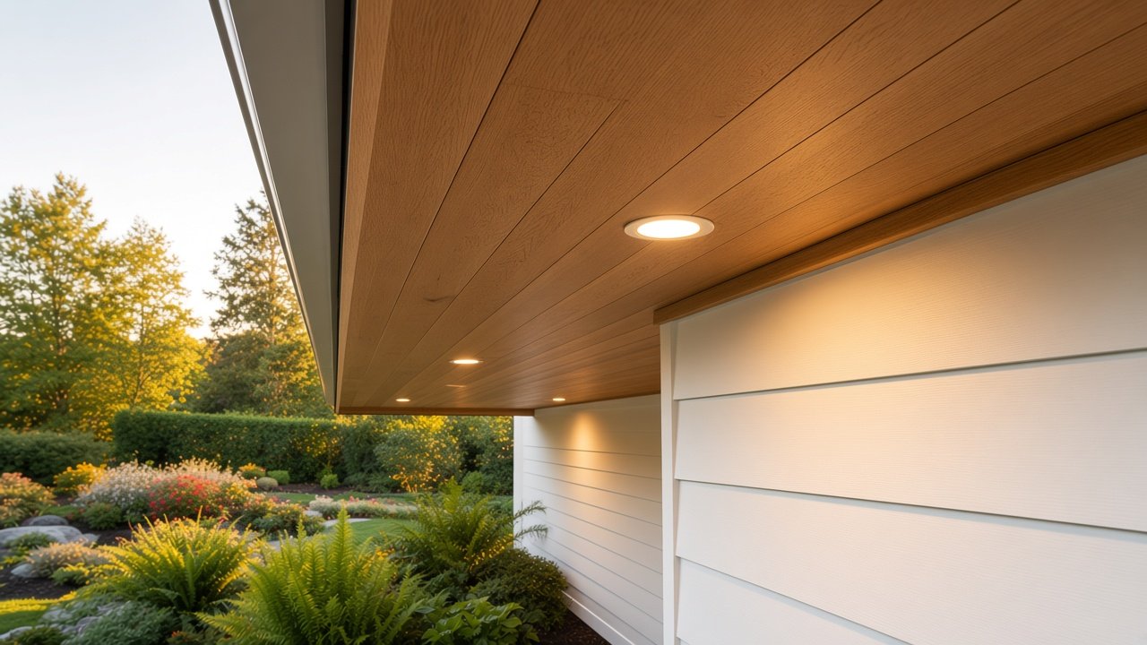 Wood soffit panels under a roof overhang